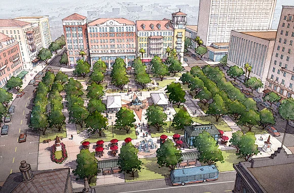 Depiction of a finished san jacinto plaza