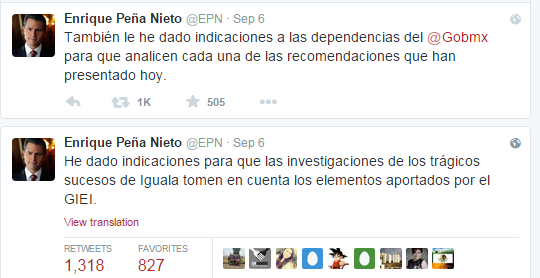 Enrique Peña Nieto Twitter feed after the release of the new investigation. He says that he has ordered the investigations of Iguala to take these new elements into account.