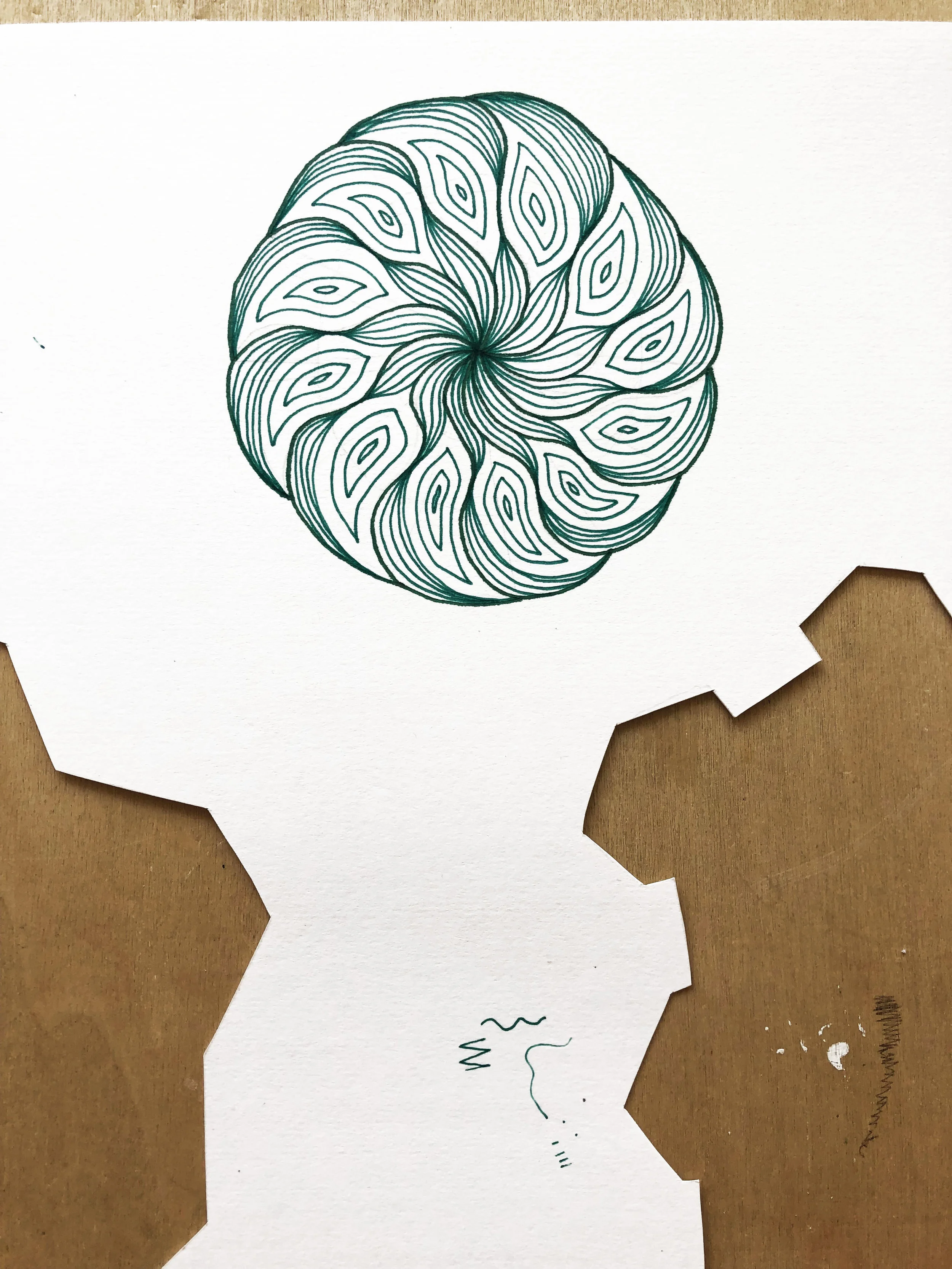 I’ve been loving these types of patterns lately, lines and shapes that feel like they’re swirling/spinning/pulling into the center (or from the center?) This photo shows the reality of a studio practice: that things are often drawn on whatever piece of paper is closest. You gotta get the idea down before it disappears!