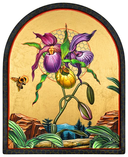 Orchid Icon , 13.5 in. x 11 in., Gouache & gold leaf on shaped panel w/ frame. 2018. Private Commission & Collection (Brooklyn, New York)