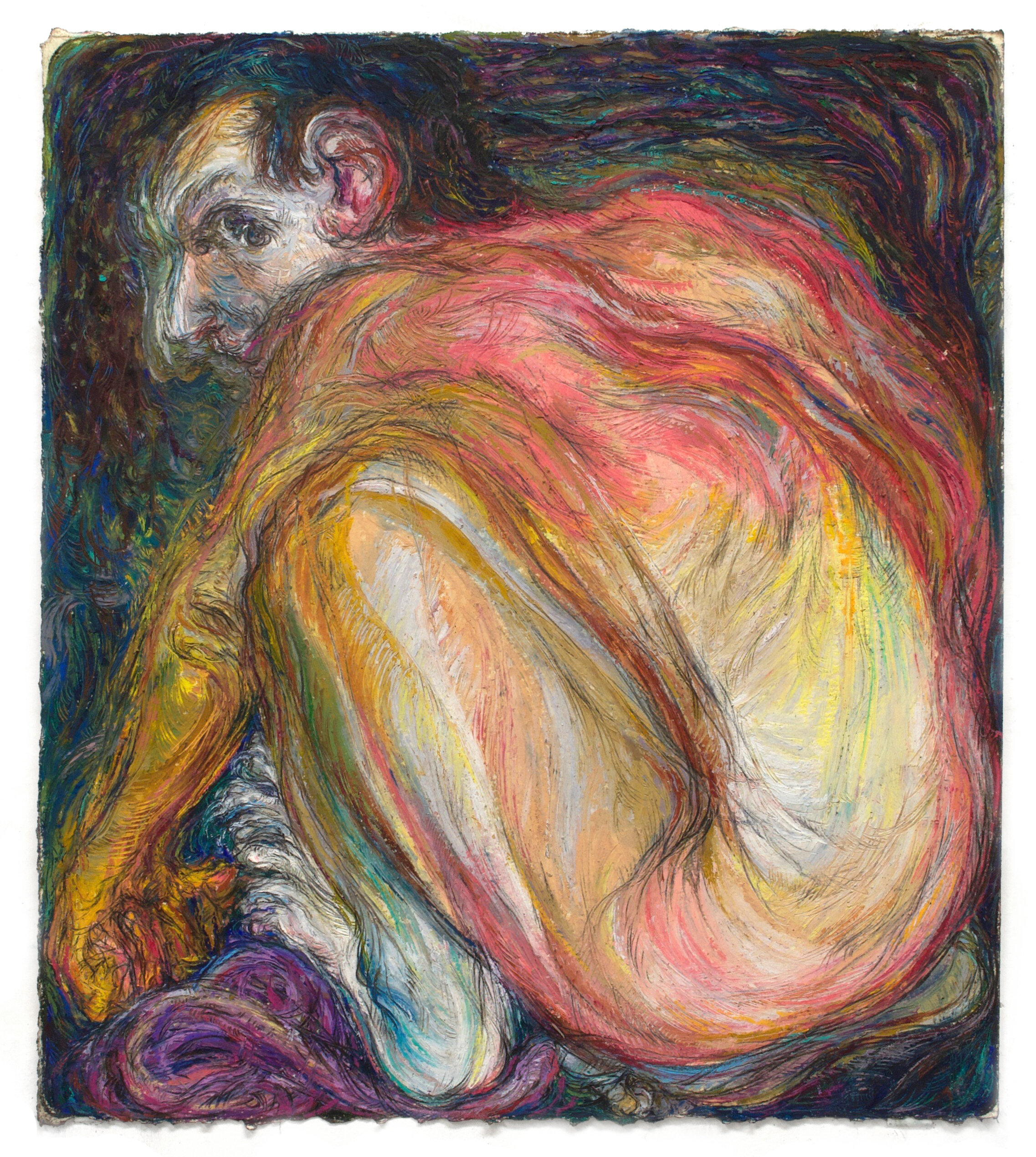 A noise behind me, 11 x 10 in., oil pastel and graphite on paper, 2020