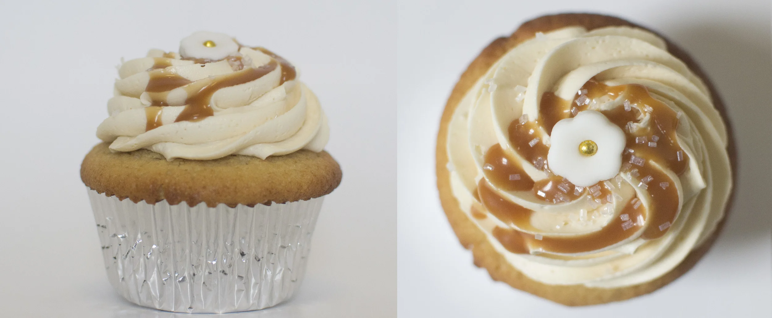 Salted Caramel - Caramel-filled brown sugar buttermilk cake topped with salted caramel buttercream, house-made salted caramel drizzle, sugar sprinkle, and a white fondant flower.