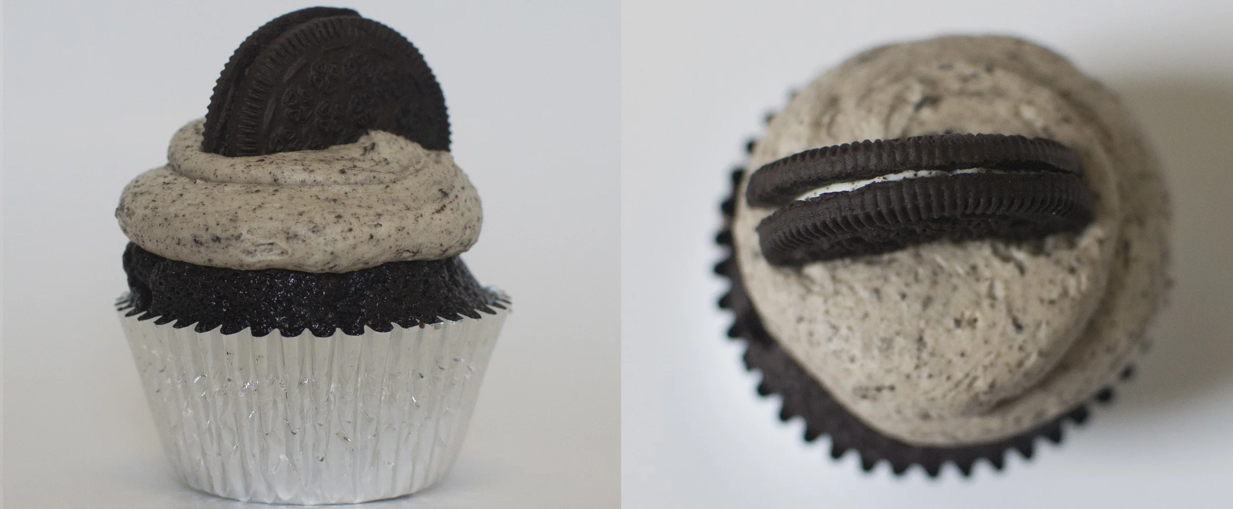 Cookies N Cream - Our moist chocolate cake topped with oreo buttercream and an oreo cookie topper.