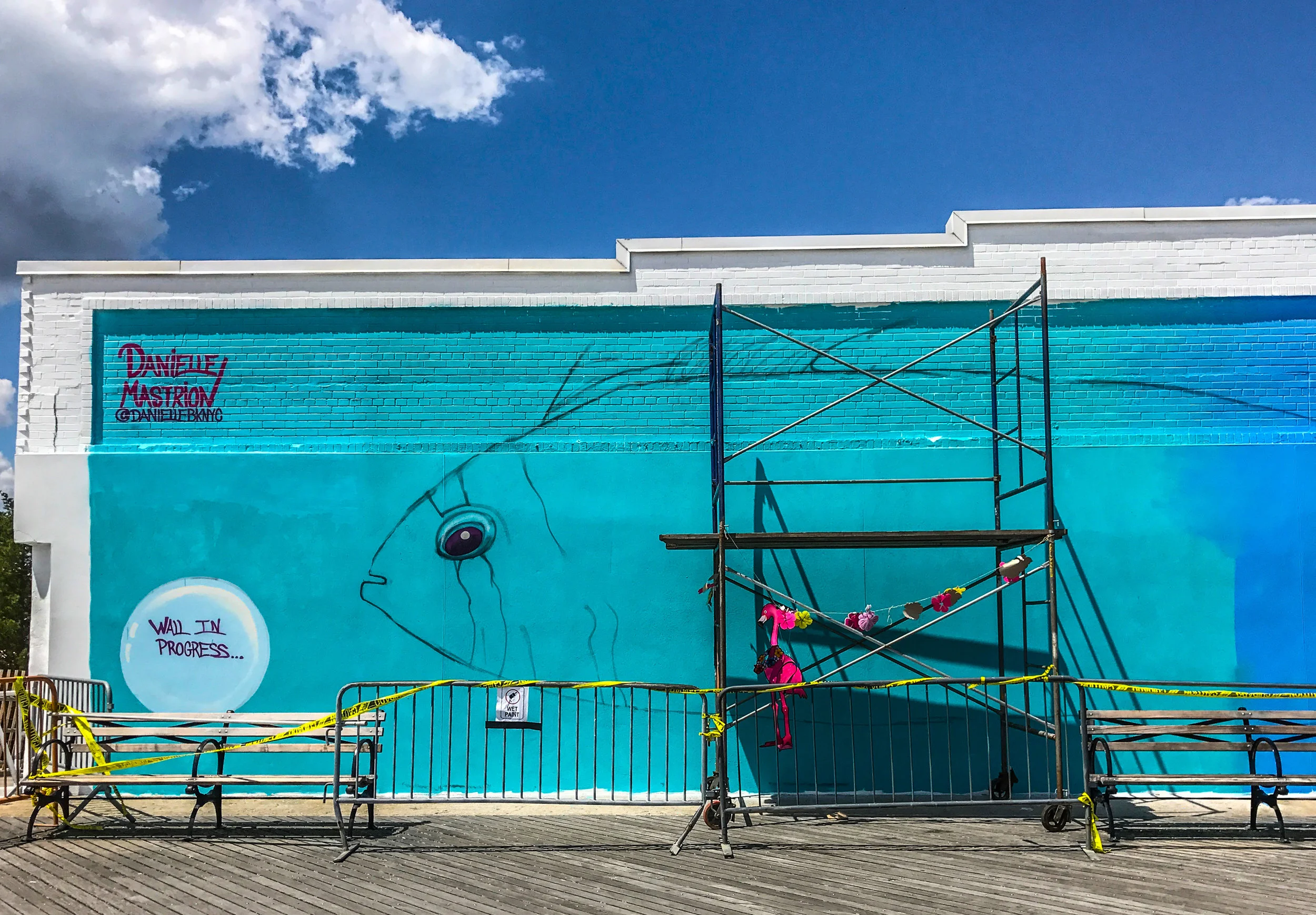 The beginning of Danielle Mastrion's mural. Photo Credit: Liz Summit, 2017