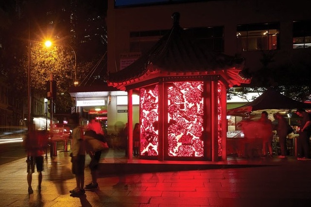 The lantern adds an atmospheric presence to the pedestrian mall. Image: Brett Boardman