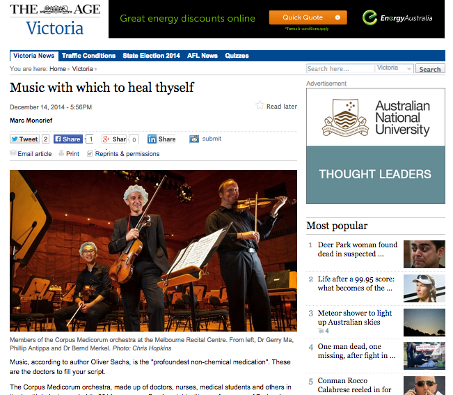 "Music with which to heal thyself" December 14, 2014 The Age
