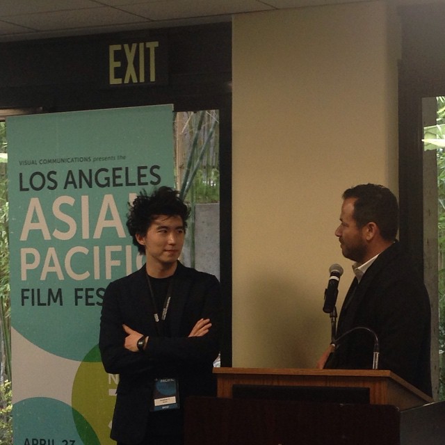 HBO’s Mike Lopez introduces Jonathan Yi, director of EAST OF MAIN STREET, at the Los Angeles Asian Pacific Film Festival Filmmaker Reception.