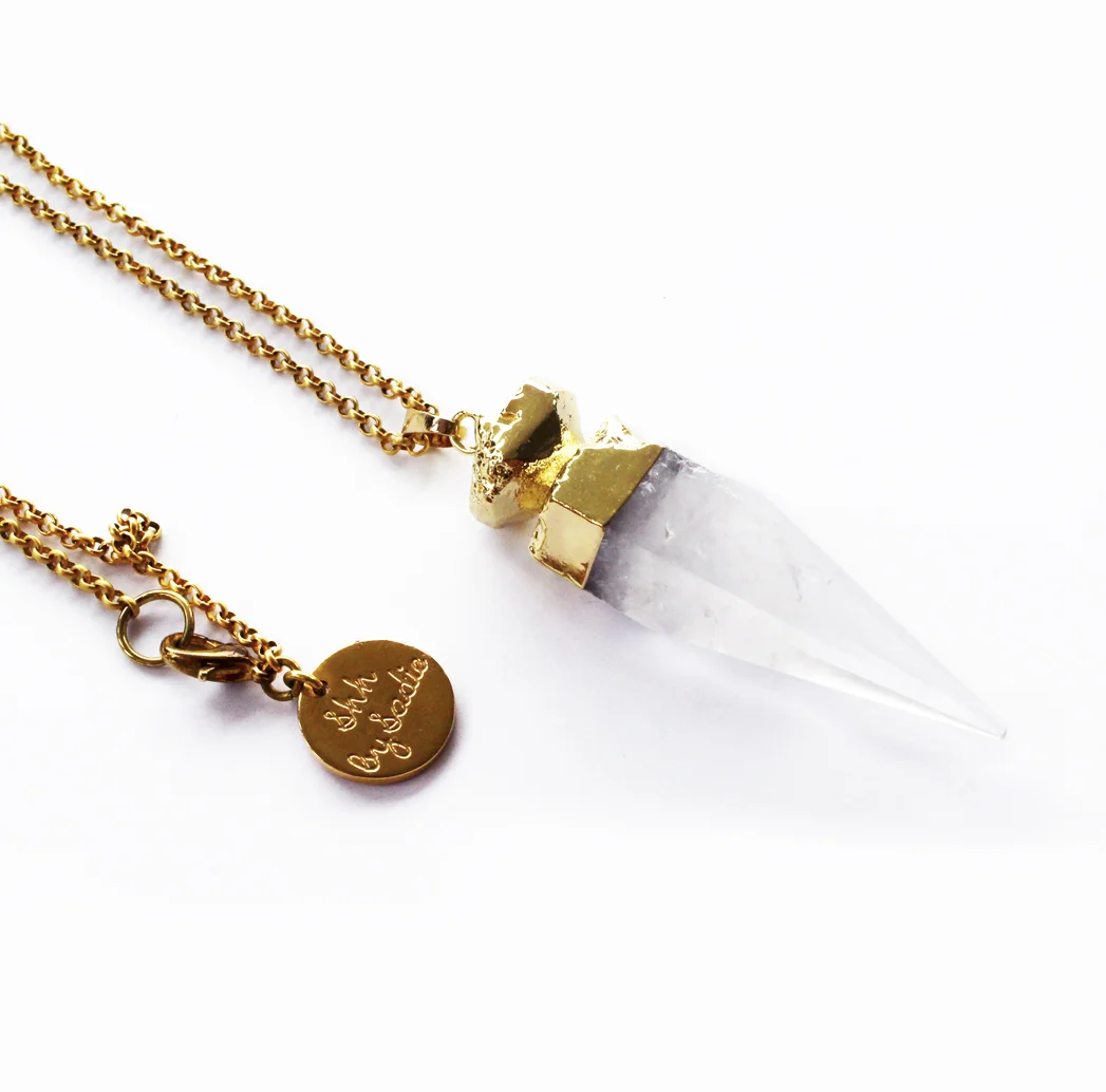 Crystal quartz point necklace with 24 karat gold chain, designer crystal necklace handmade by New Zealand jewelry designer Shh by Sadie