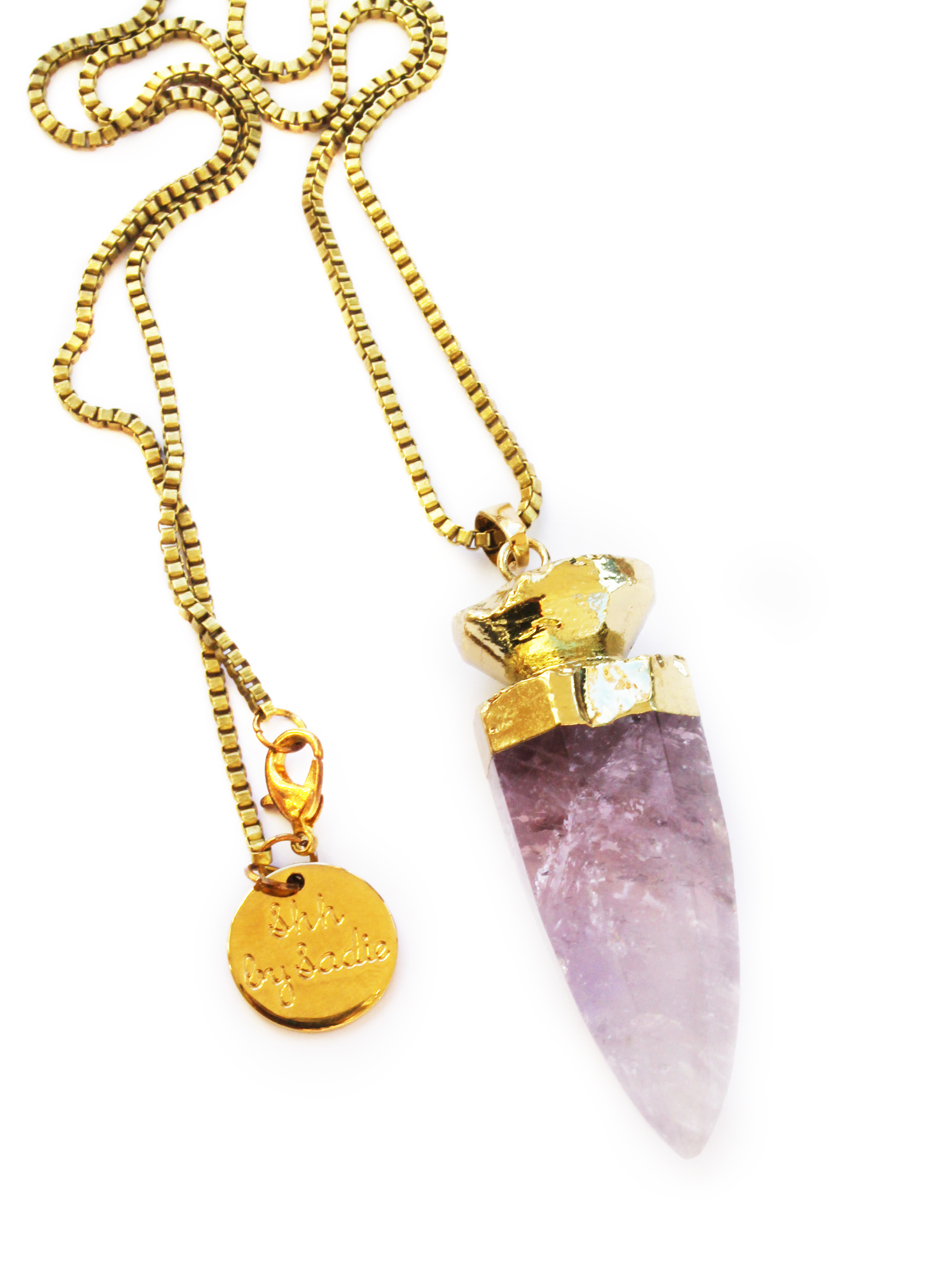 Chunky amethyst pendant with gold box chain statement necklace by NZ jewellery designer Shh by Sadie