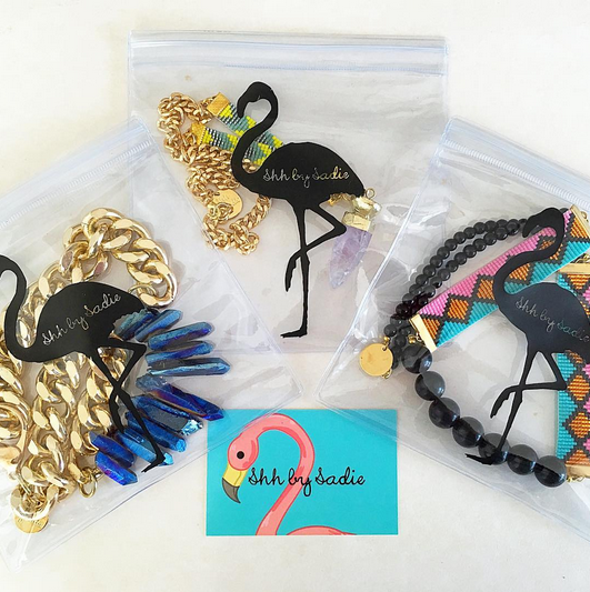 Cute flamingo packaging gift with every handmade designer jewelry purchase from Shh by Sadie