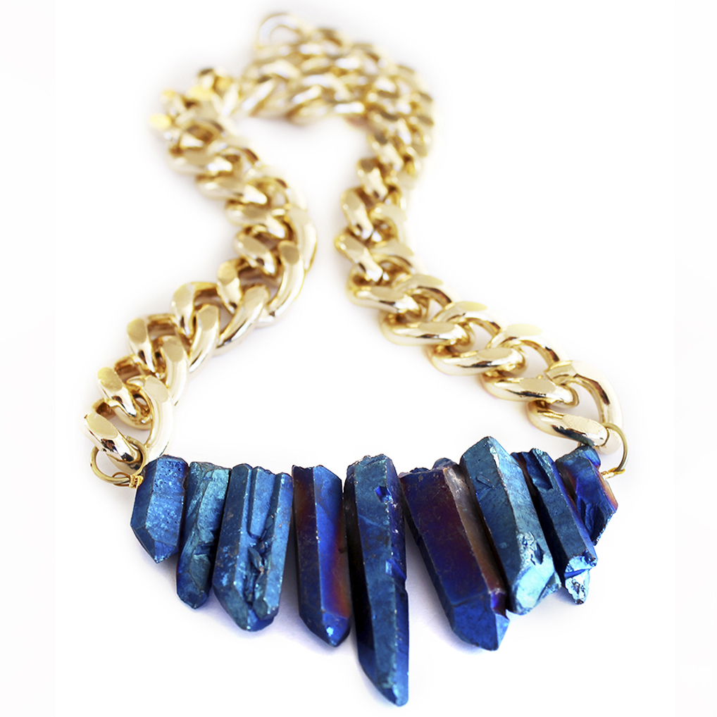 Sapphire blue crystal quartz statement necklace designer jewellery handmade in new zealand
