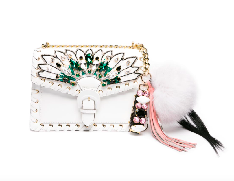 gedebe embellished white bag with fluffy bag charm