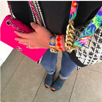 Casual style pink Chanel mini bag jeans statement jewellery by shh by sadie