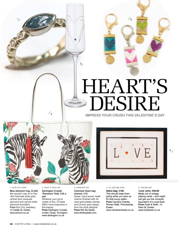 Charmed Heart bag charm featured in Valentine's Gift Guide, Exeter Living
