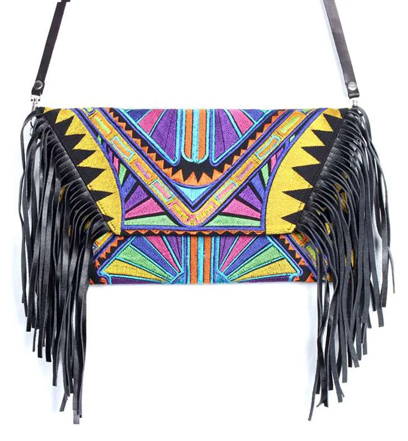 Yellow leather fringe bag tribal print Shh by Sadie