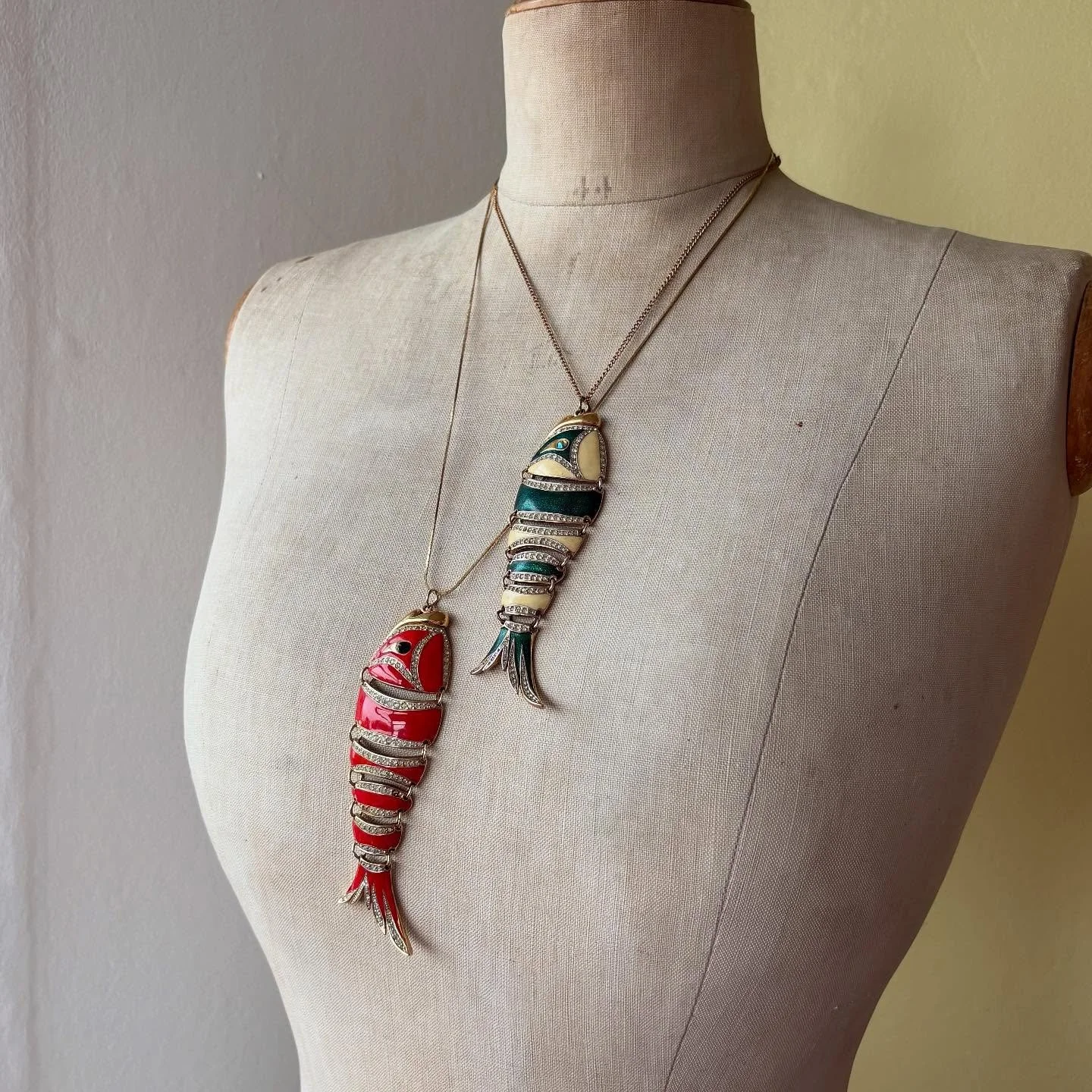 TWO vintage D&rsquo;Orlan articulated statement fish necklaces now available on my Etsy. I had never seen them before and found the orange fish at the Malvern Flea recently, and it was such beautiful quality that I had to buy it, and then the next ti