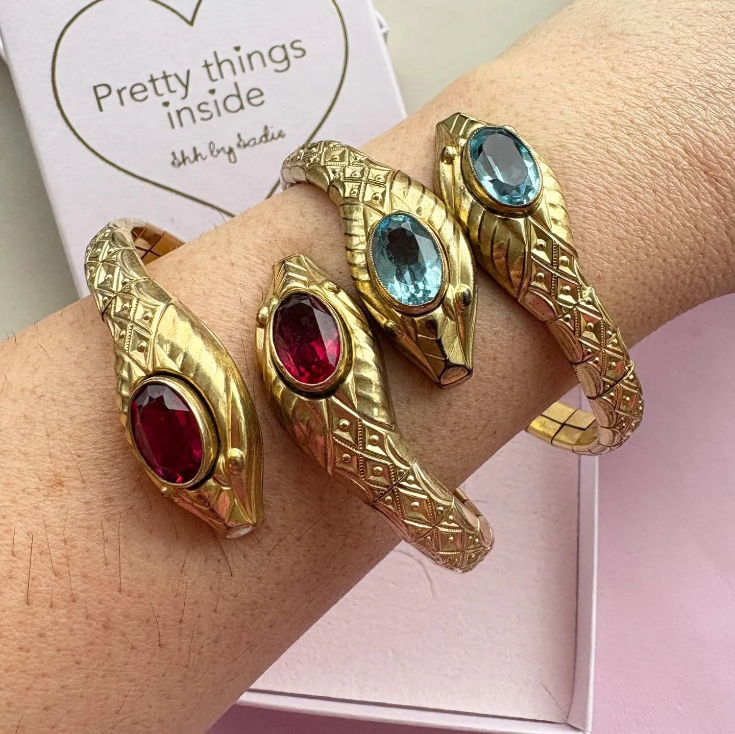 And then there were two 🥰 STUNNING collectible Art Deco signed Andreas Daub snake bracelets, in pink and pale blue paste. Available on Etsy 🐍