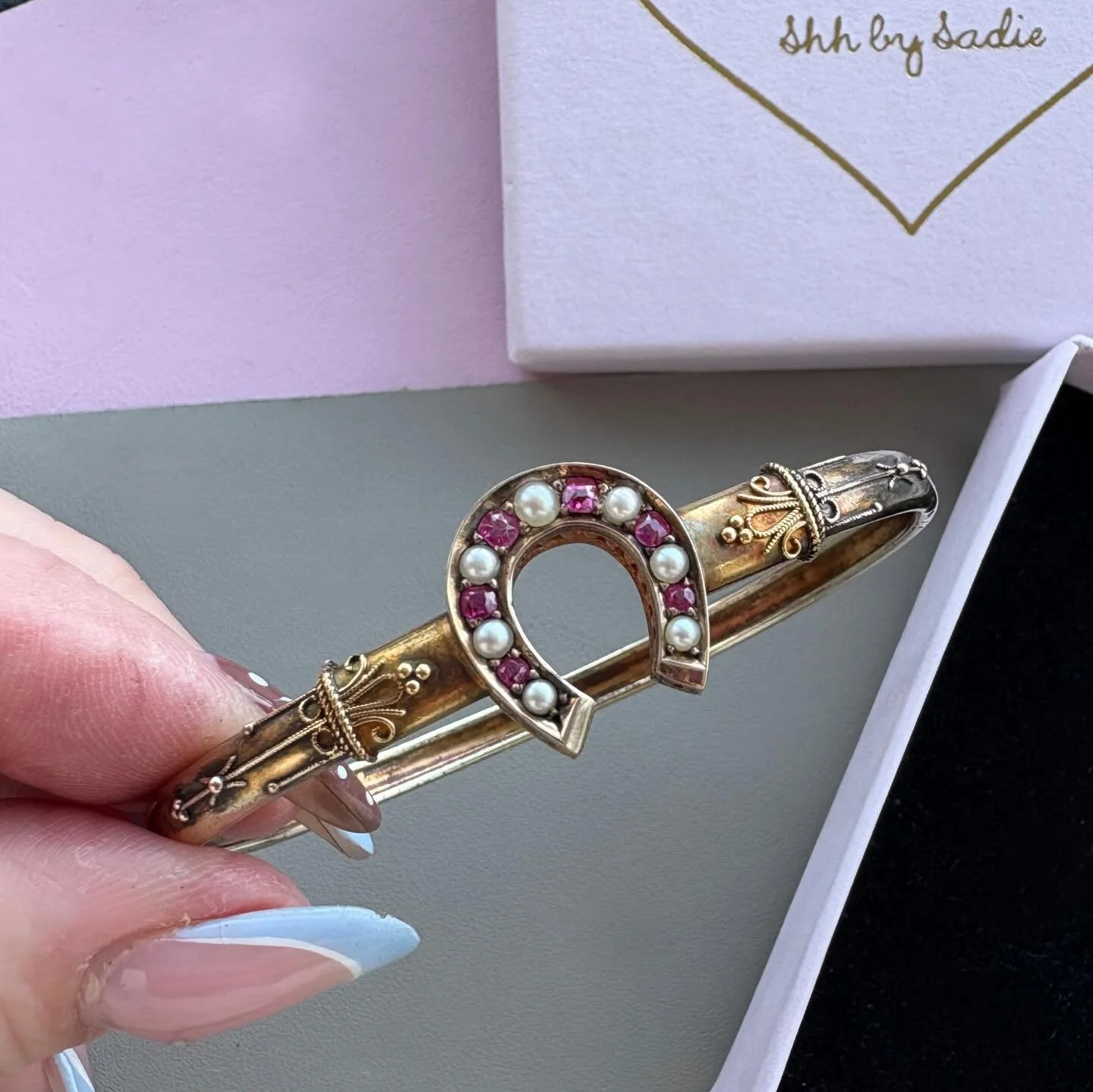 Online now 🧲 🤩 This antique Victorian horseshoe bangle is actually mine, though I find I don&rsquo;t wear it much and so it needs a new home that will wear it more than I do! I love it but I tend to stack my bangles and I don&rsquo;t want to damage