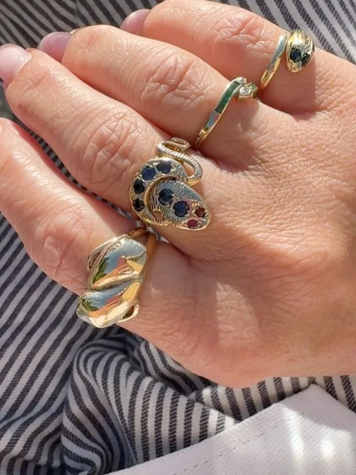 Snake party 🐍 Took the Art Deco snake bangles for a test ride and thought it would be fun to stack on my own snake rings 😛 the vintage snake rings and left hand jewels are my own, I love collecting snake jewellery. And will be parting with some or 