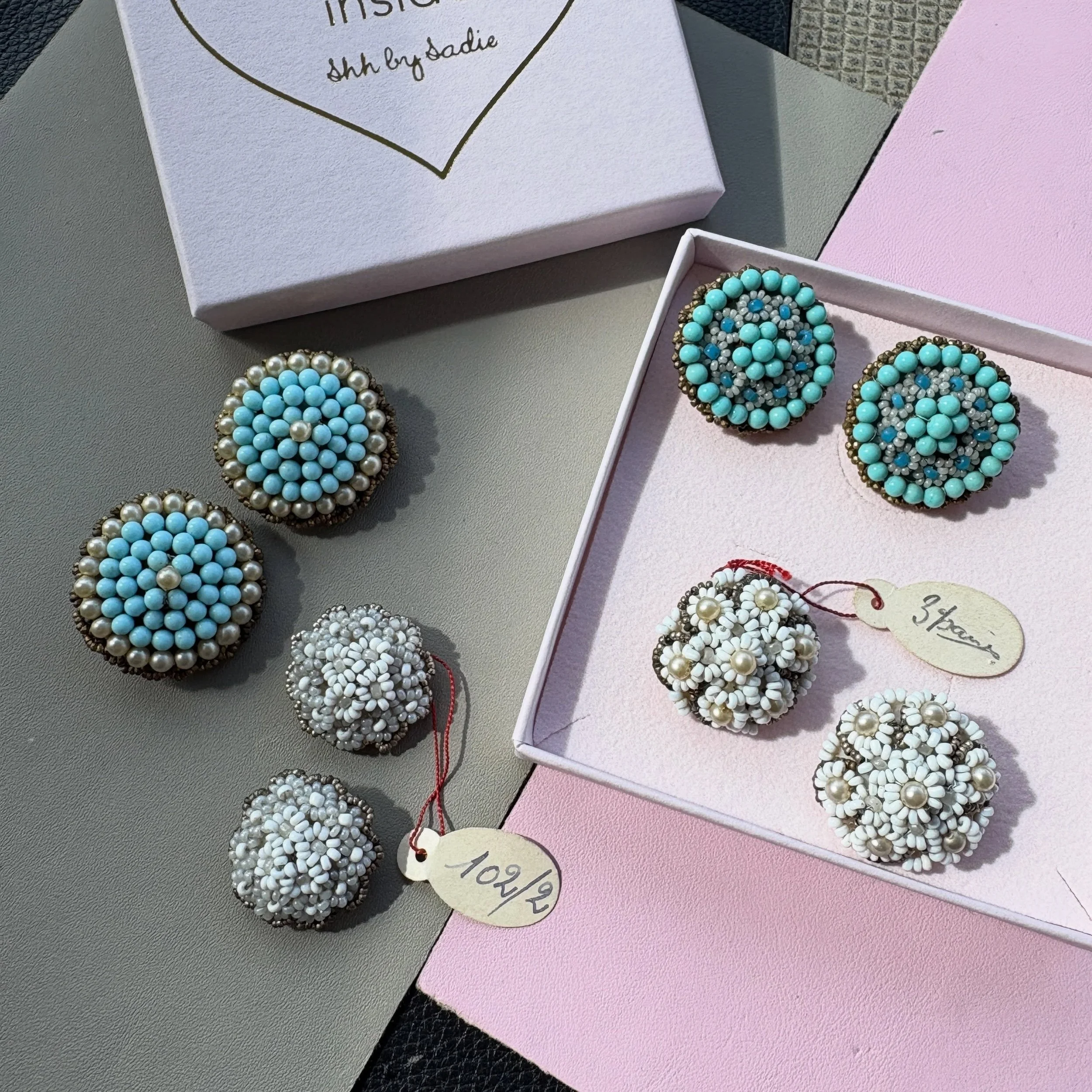 GORGEOUS vintage French hand beaded earrings now available on my Etsy. I bought them in the Loire Valley, they are new and unused &ldquo;deadstock&rdquo; earrings and two have the original hand written tags 🥹 Clip on earrings with opaline milk glass