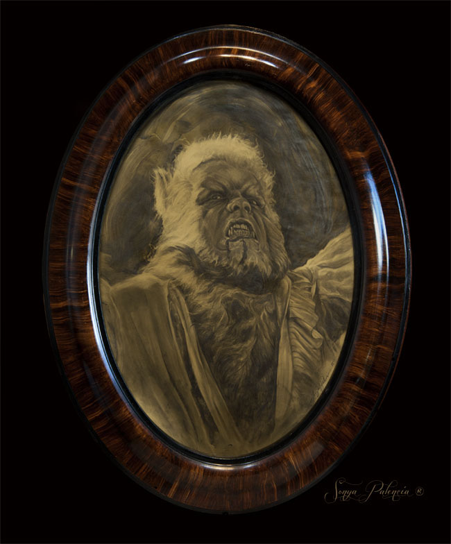 "Curse of the Werewolf" graphite on 13x19" gold toned paper. 