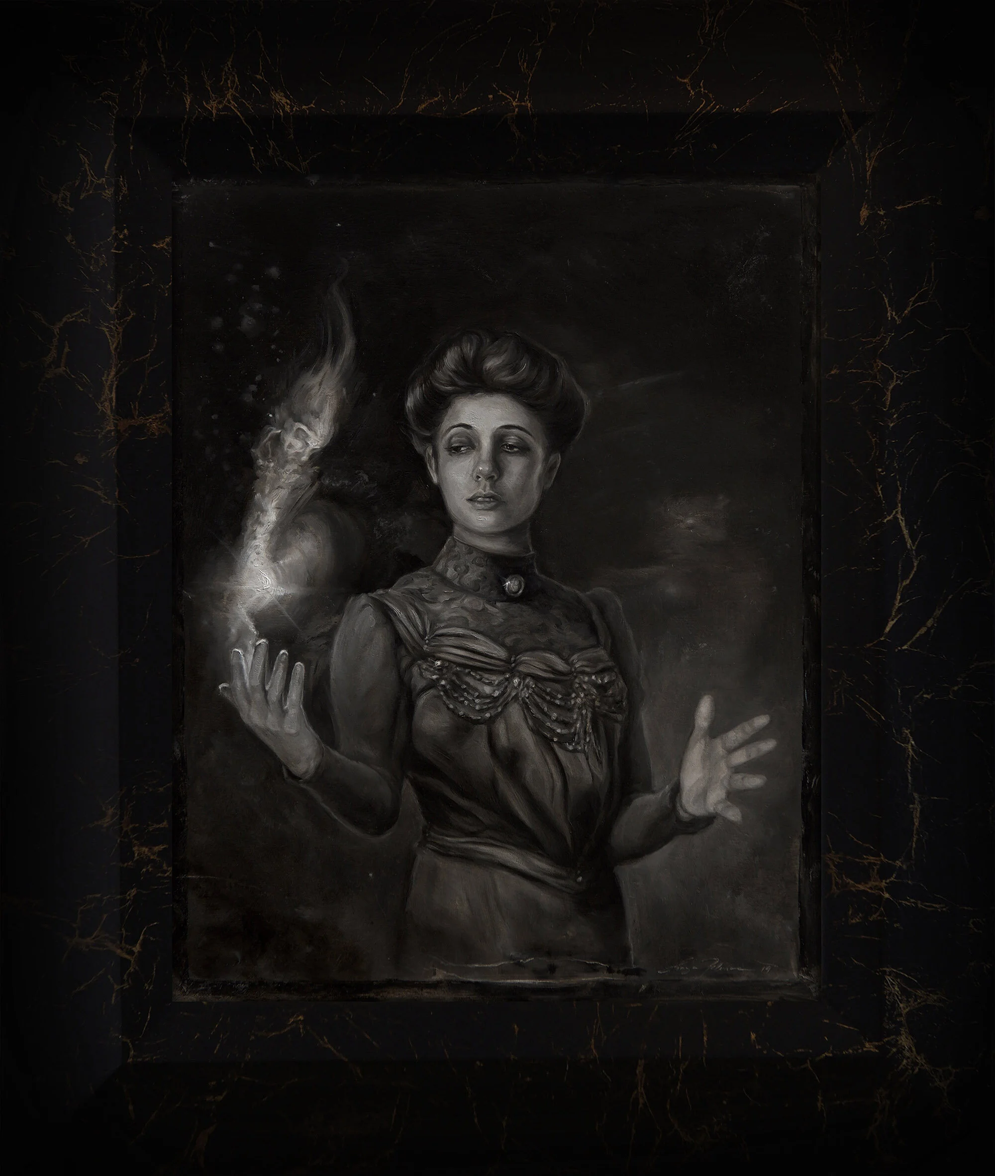 My painting: “Song of the Dead”. This oil painting measures 11x14” on wood panel and is presented in a gold veined onyx colored frame.