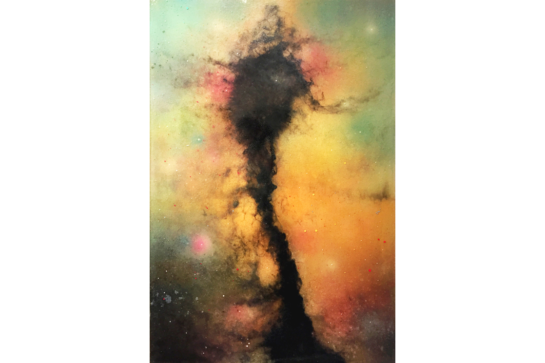 Stellar Spire - spray paint, acrylic, oil, ink and resin on wooden canvas 