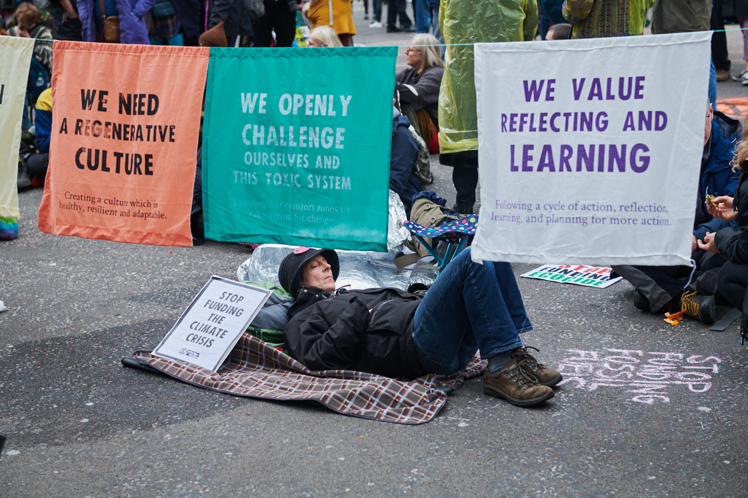 Extinction rebellion protesters at Bank in the city of London