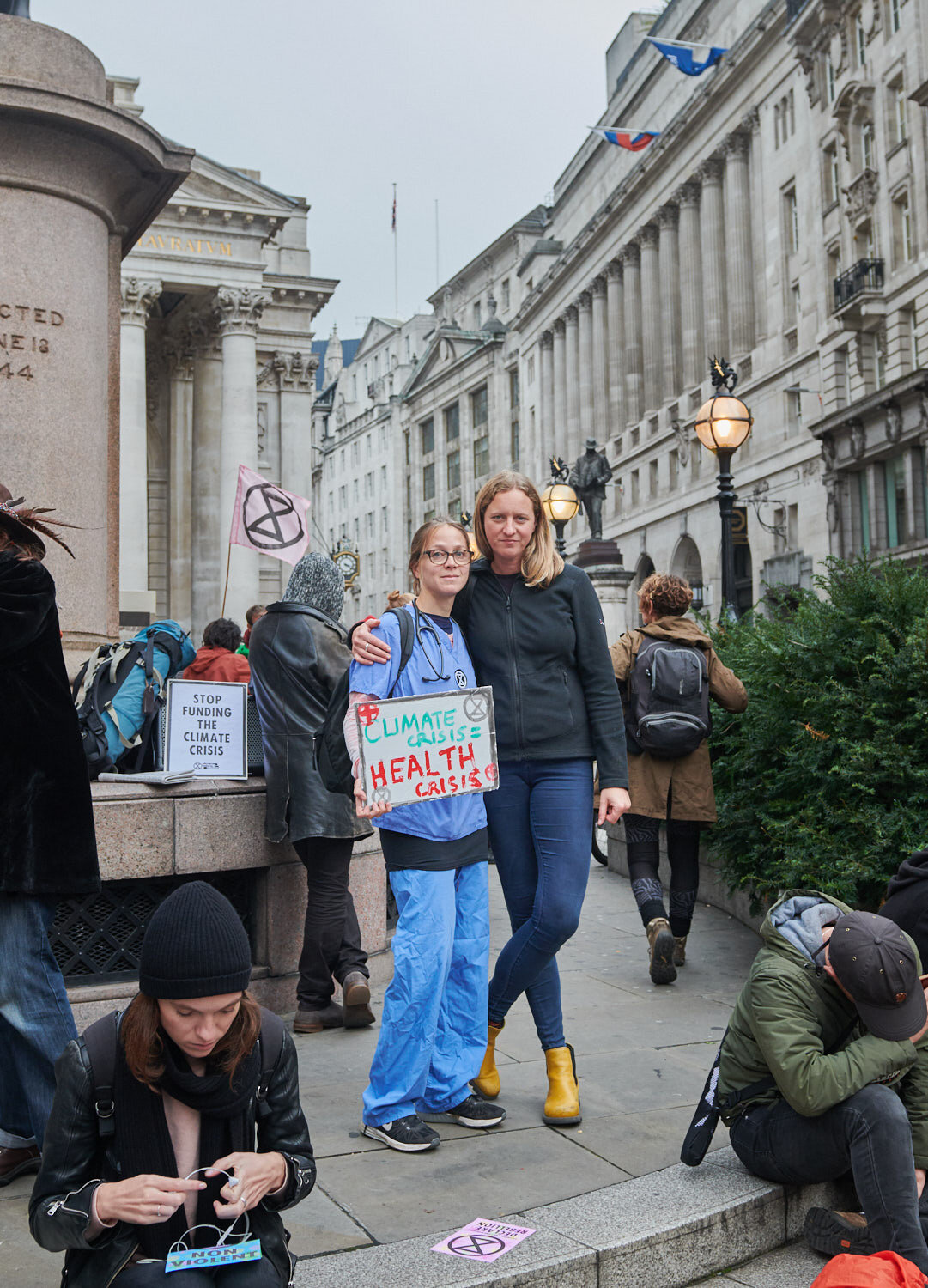 Extinction rebellion protesters at Bank in the city of London