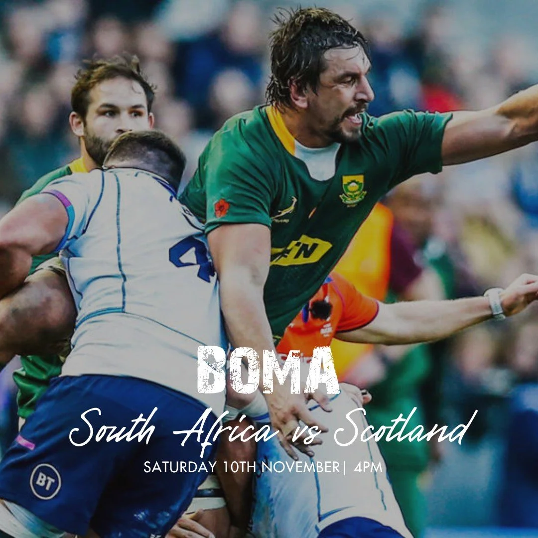 Join us this Sunday as South Africa take on Scotland.. 🇿🇦🏉

Wear your green and gold, bring your friends, and let's support the boys in green together at The BOMA. 🏆

We'll be serving pizzas until 8pm. 🍕

📍Sunday the 10th of November at 6:10pm 