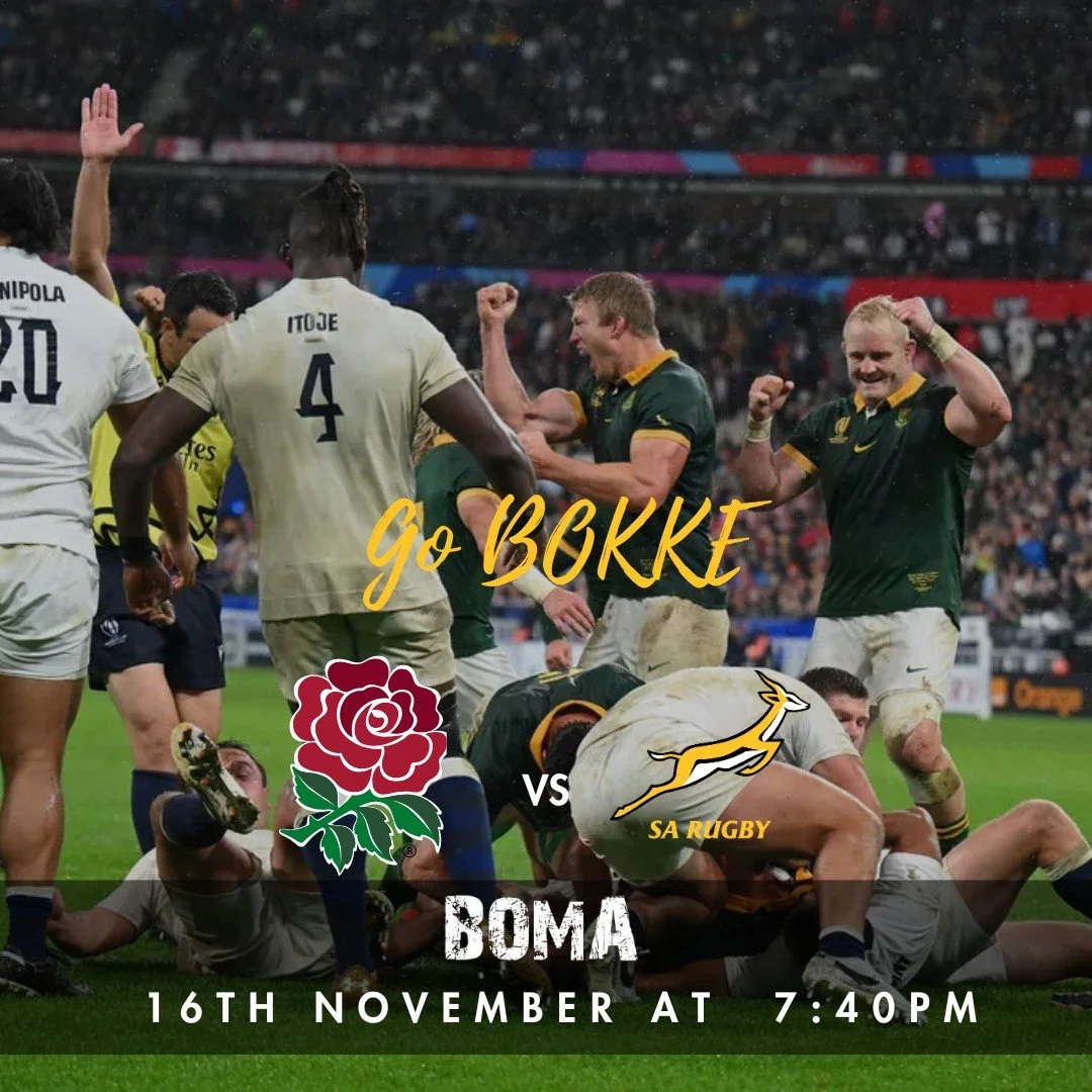 Join us at The BOMA today as South Africa take on England at 7:40pm. 🇿🇦

With 6 BIG SCREENS, there's plenty of room for you to catch all the action. Great food, ice-cold drinks, and tons of seating. 

Grab your spot early and settle in for the matc