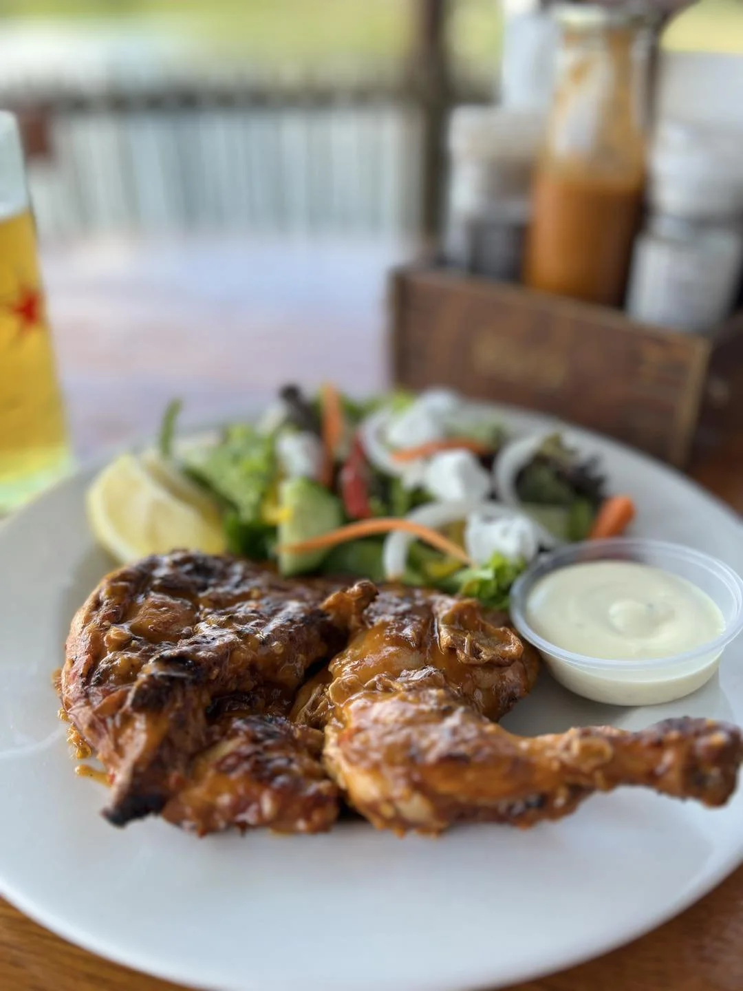 The flatty chicken- flame grilled to perfection, served with a delicious fresh green salad. 🌶️ 🐓 

Which is your go-to; BBQ, Lemon &amp; herb or Peri-peri?

Check out the full menu - https://www.stives.co.za/boma-restaurant

#theBOMA #foodbar #play