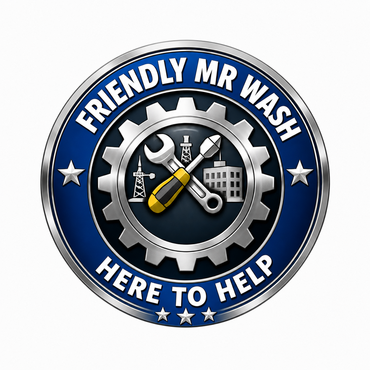 A circular badge with the text "Friendly Mr Wash" and "Here to Help". The badge features icons of tools, oil rigs, and a building, resembling a service or repair company logo.