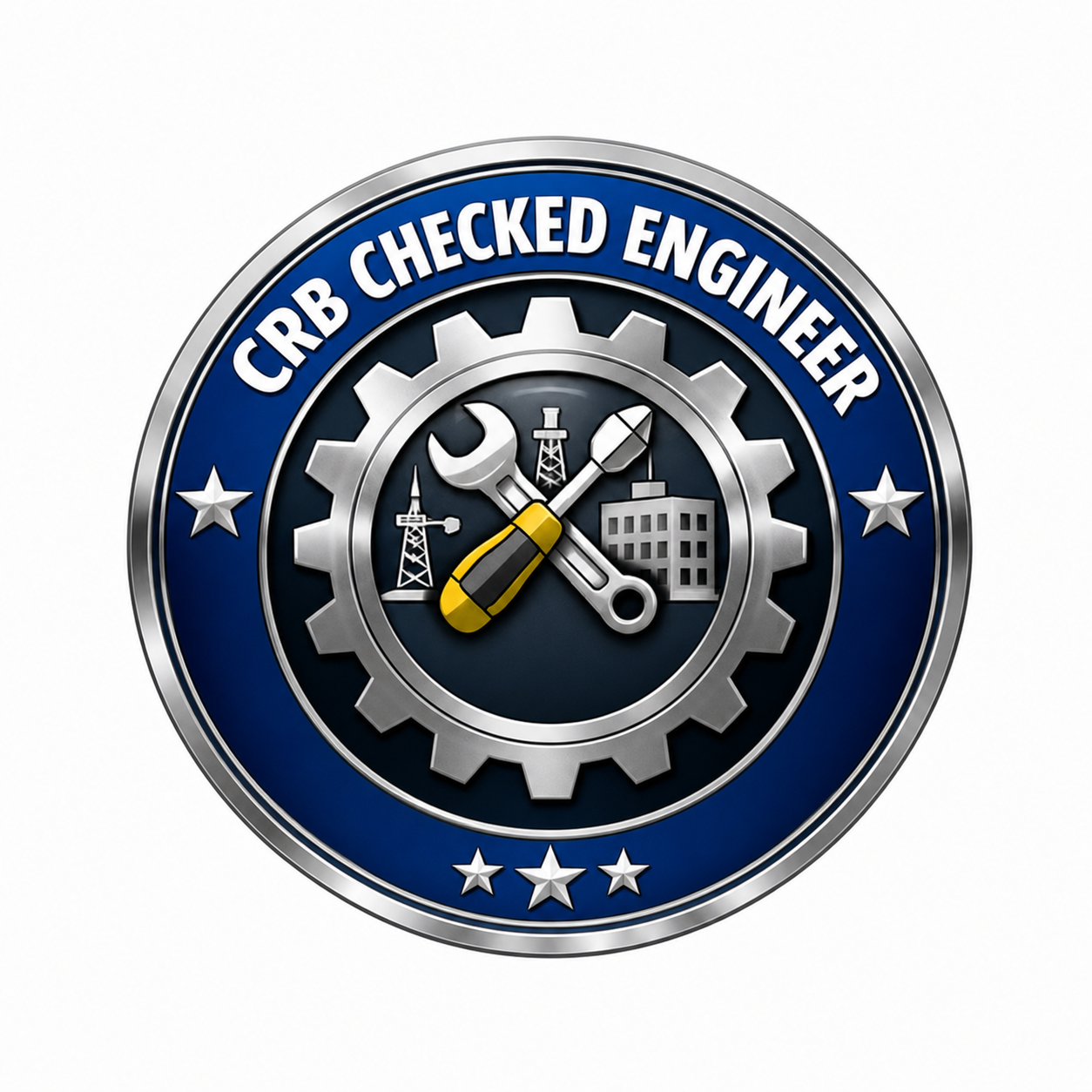 A badge with a gear design that reads 'CRB Checked Engineer' and features tools, such as a wrench and screwdriver, with a cityscape and power towers in the background.