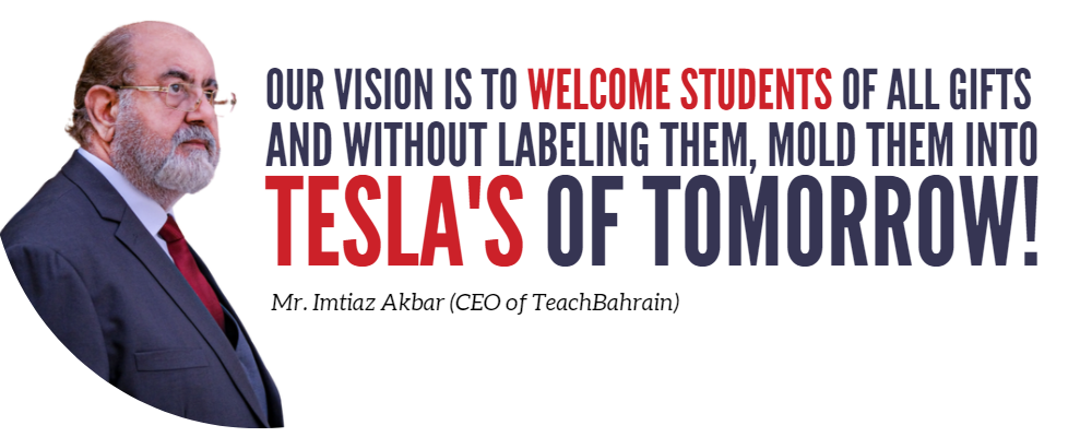 Imtiaz Akbar, CEO of TeachBahrain, with the company vision statement about welcoming students of all gifts