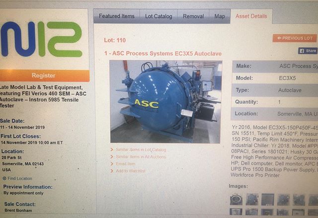 Not that I ever look at auction listings... well hardly ever! 
3x5 autoclave in Boston.  Just FYI in case somebody&rsquo;s looking.