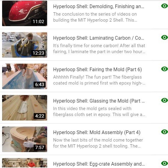 After what can only be described as &rdquo;a long time&rdquo; I have edited and posted the videos of building the MIT Hyperloop 2 shell.  The process is covered in 8 videos that illustrate the many steps involved - and the first segment of my video-e