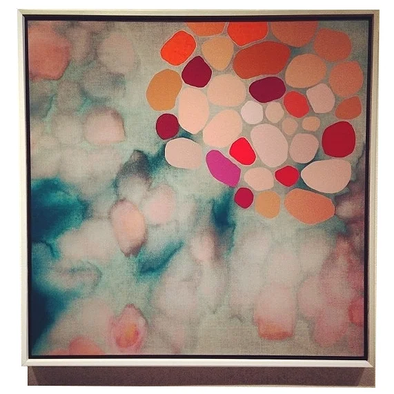 30"x30" digitally printed textile Process: 1. Hand-painted on muslin with fabric dye & screen printing ink, 2. Scanned and reworked in Photoshop, 3. Digitally printed on cotton sateen, 4. Stretched in a floating frame finish 