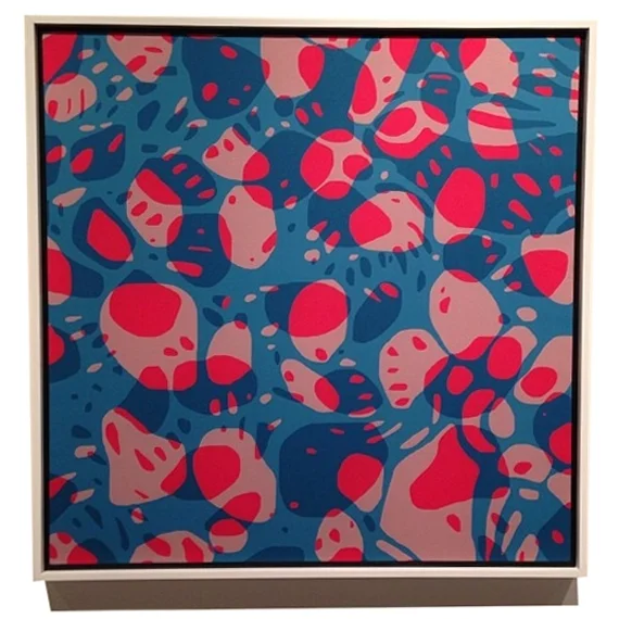 30"x30" digitally printed textile Process: 1. Screen print on muslin with heavy offset, 2. Scanned and reworked in Photoshop, 3. Digitally printed on cotton sateen, 4. Stretched in a floating frame finish 