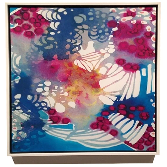30"x30" digitally printed textile Process: 1. Watercolor painting, 2. Scanned and reworked in Photoshop, 3. Digitally printed on cotton sateen, 4. Stretched in a floating frame finish 