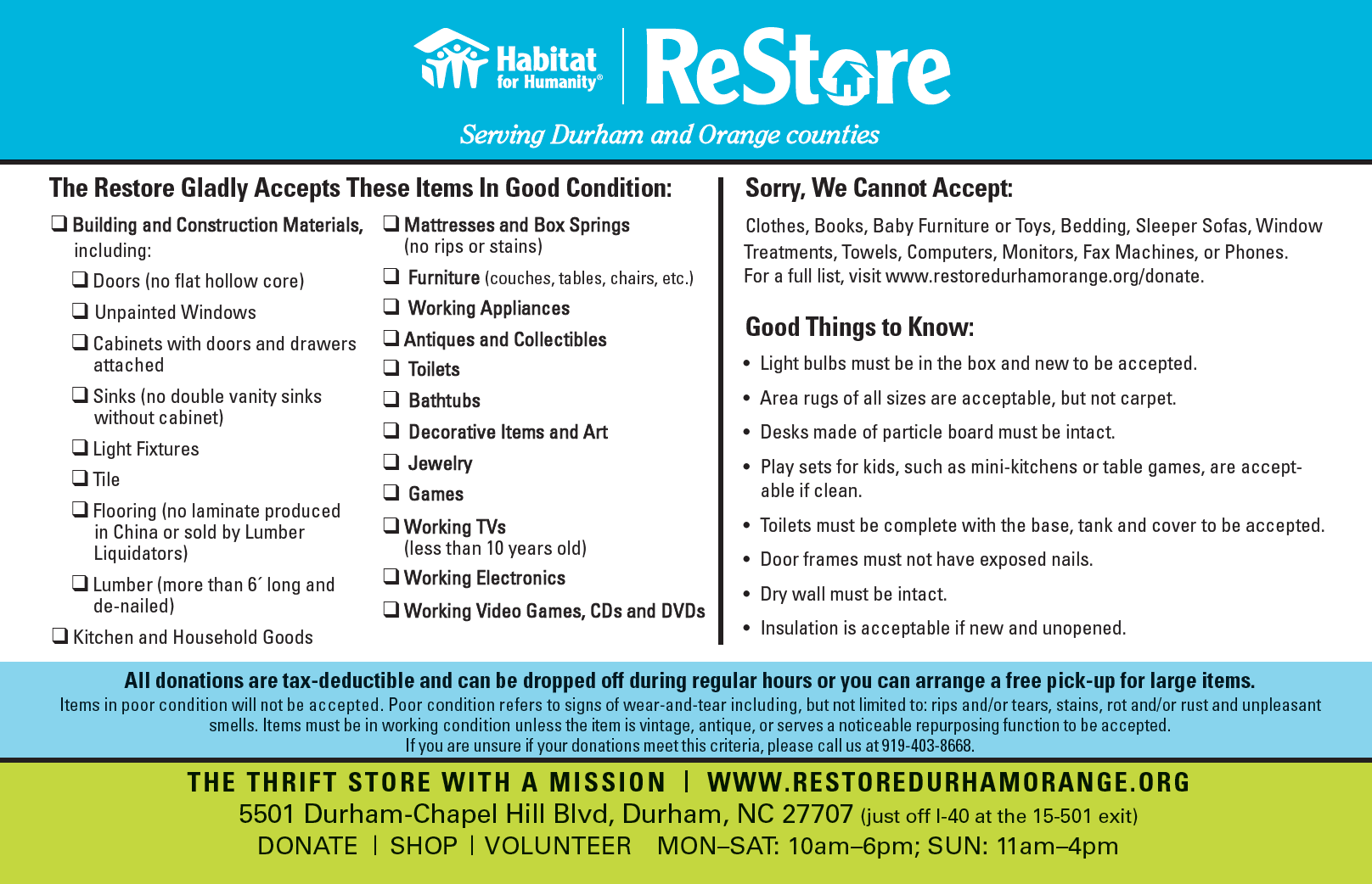 Donations We Cannot Accept Habitat For Humanity Restore