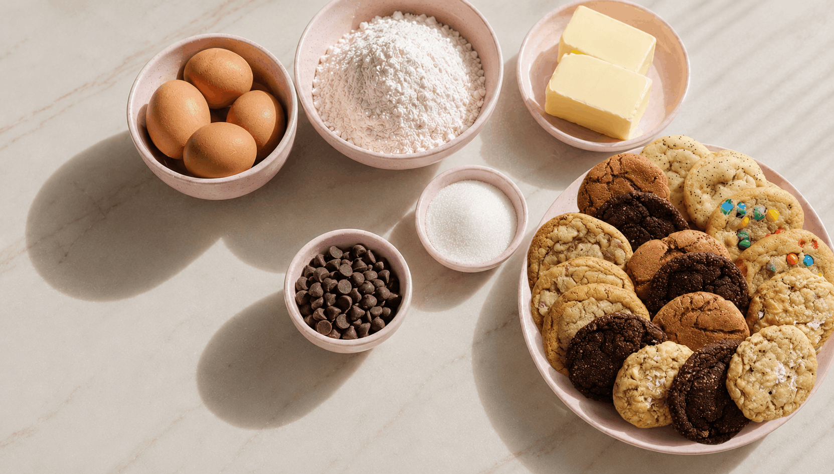 Overhead view of baking ingredients in pastel pink bowls, including eggs, flour, butter, sugar, and chocolate chips, arranged on a marble countertop beside a plate of assorted freshly baked cookies in warm natural sunlight.