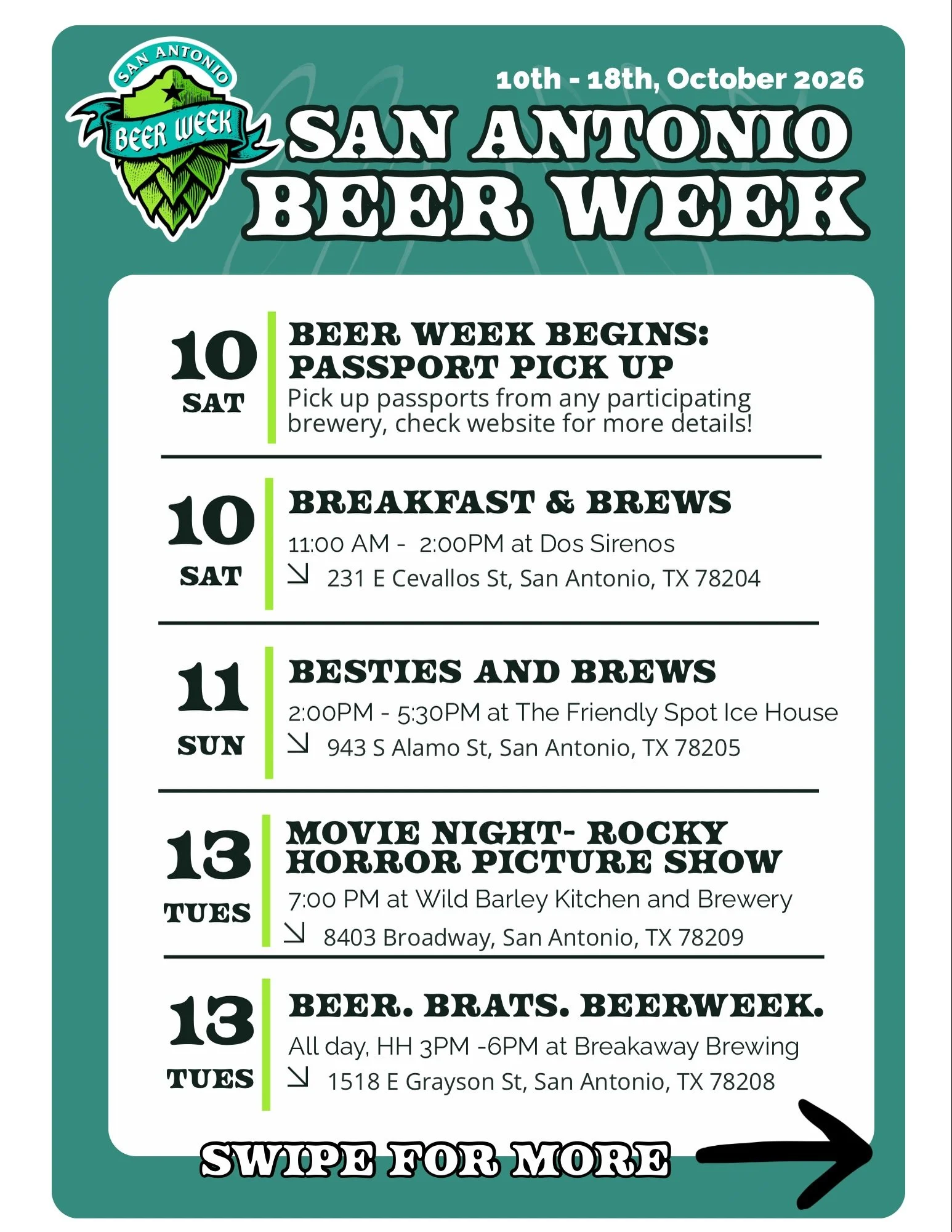 San Antonio Beer Week is almost here 🍻

October 10th-18th, we&rsquo;re taking over San Antonio with brewery events, good food, and plenty of reasons to raise a glass.

From Breakfast &amp; Brews and tap takeovers to karaoke, the San Antonio Beer Fes