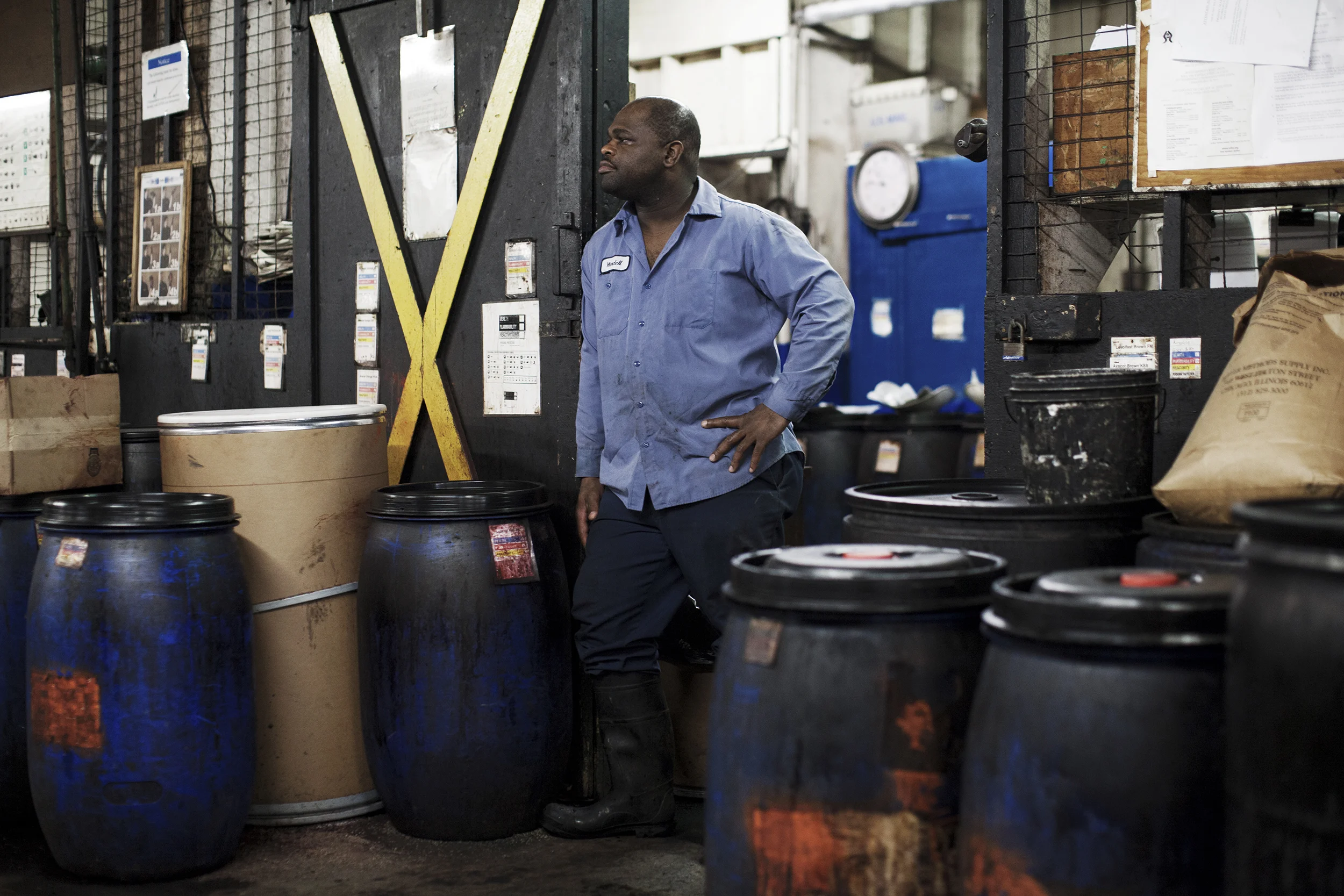  A worker taking a break from the processing room where the clean each strip of hide.&nbsp; 