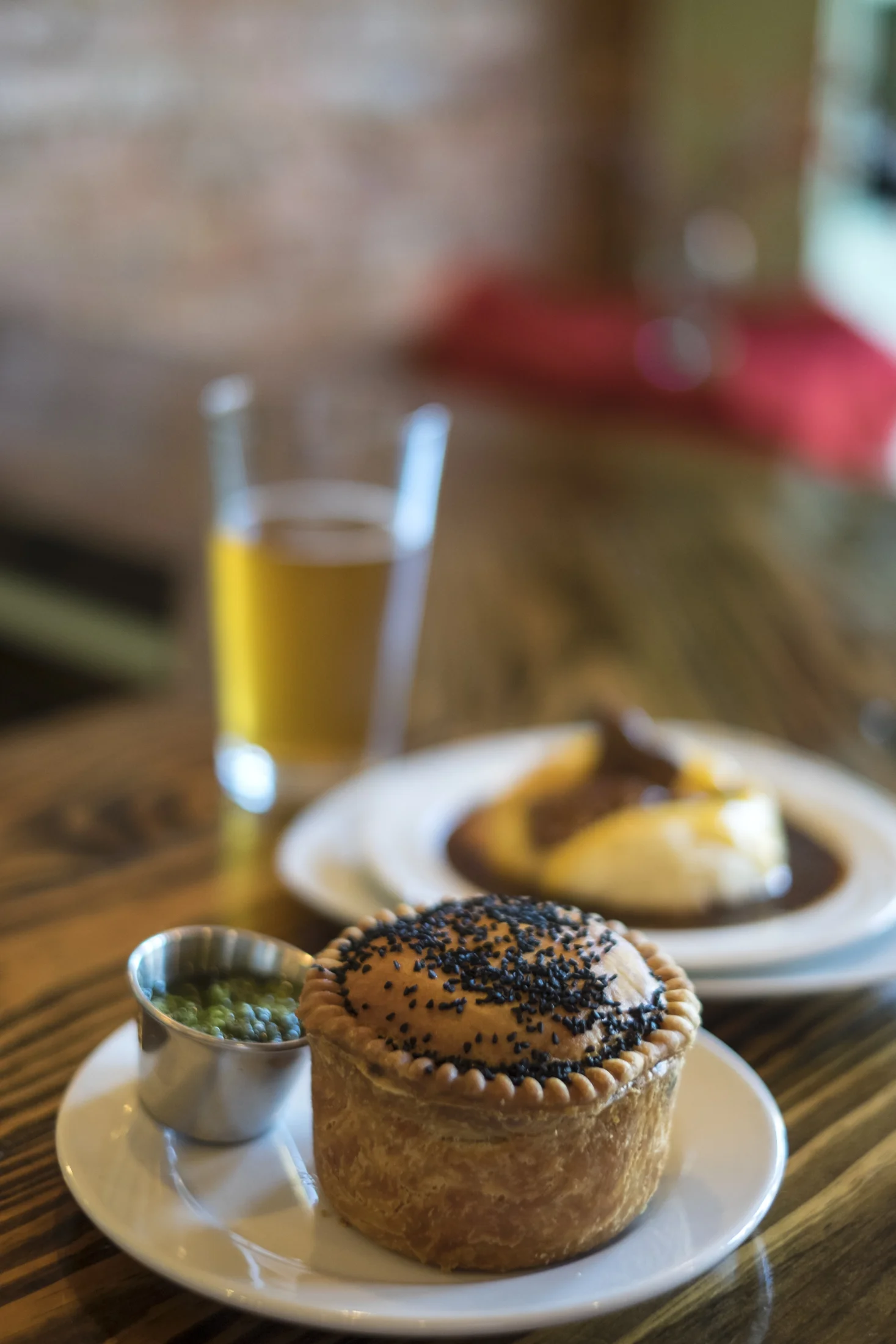  Steak and Ale Royal Pie with coriander chutney and Delux Mash. Served with a bright handcrafted pilsner. 