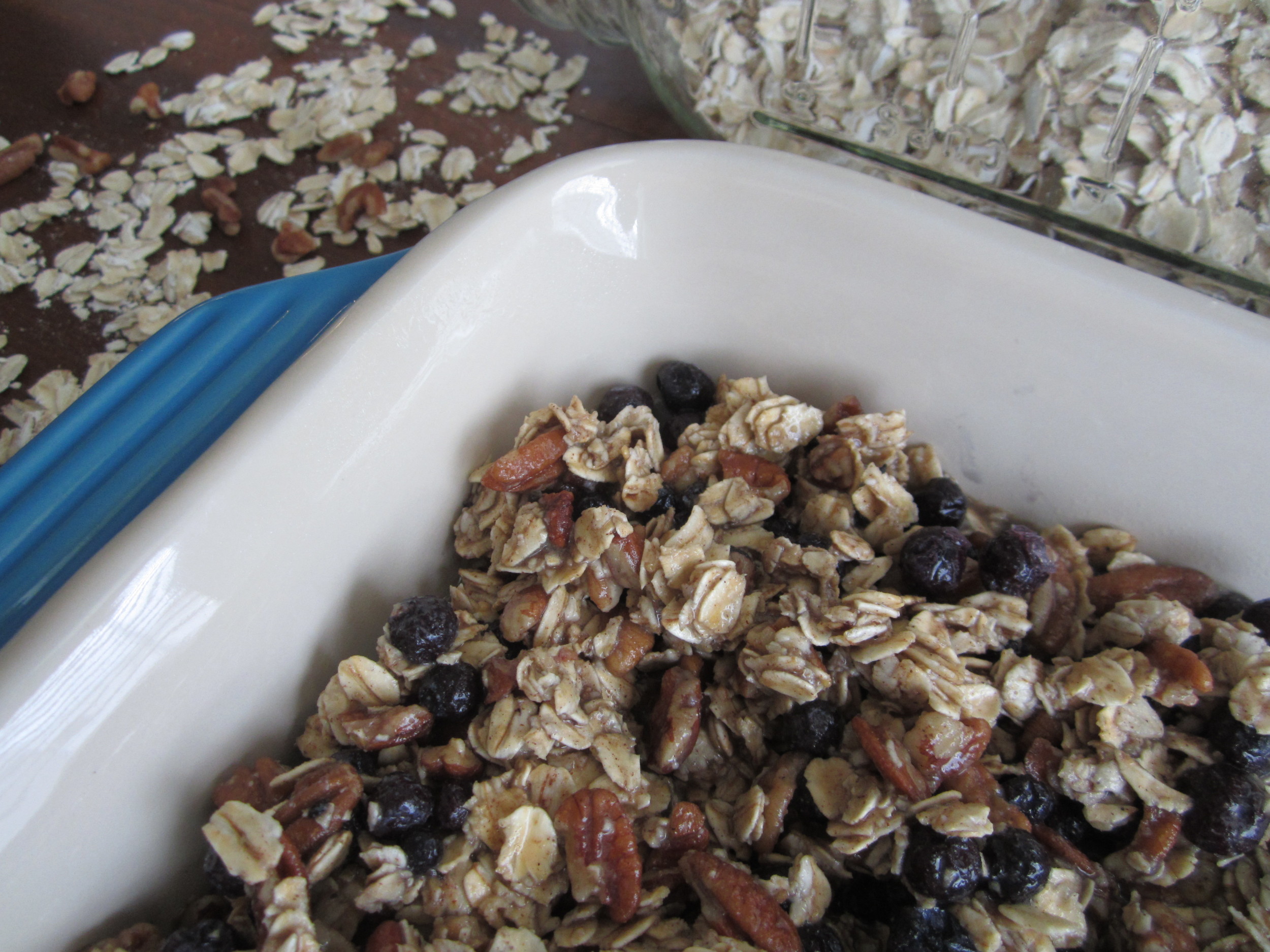 My casserole, studded with chopped pecans and wild blueberries, is ready to go in the oven. Soon the scents of ginger, cinnamon and nutmeg will fill the house.