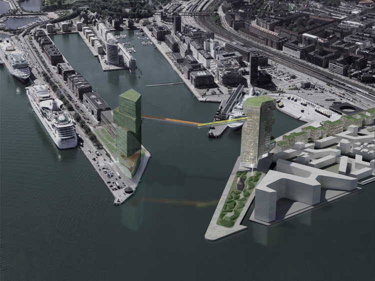The towers proposed by Steven Holl with a high-level pedestrian walk way forming a gateway to the dock. The UN site is the building towards the bottom on the right but shown with the outline of an earlier scheme.