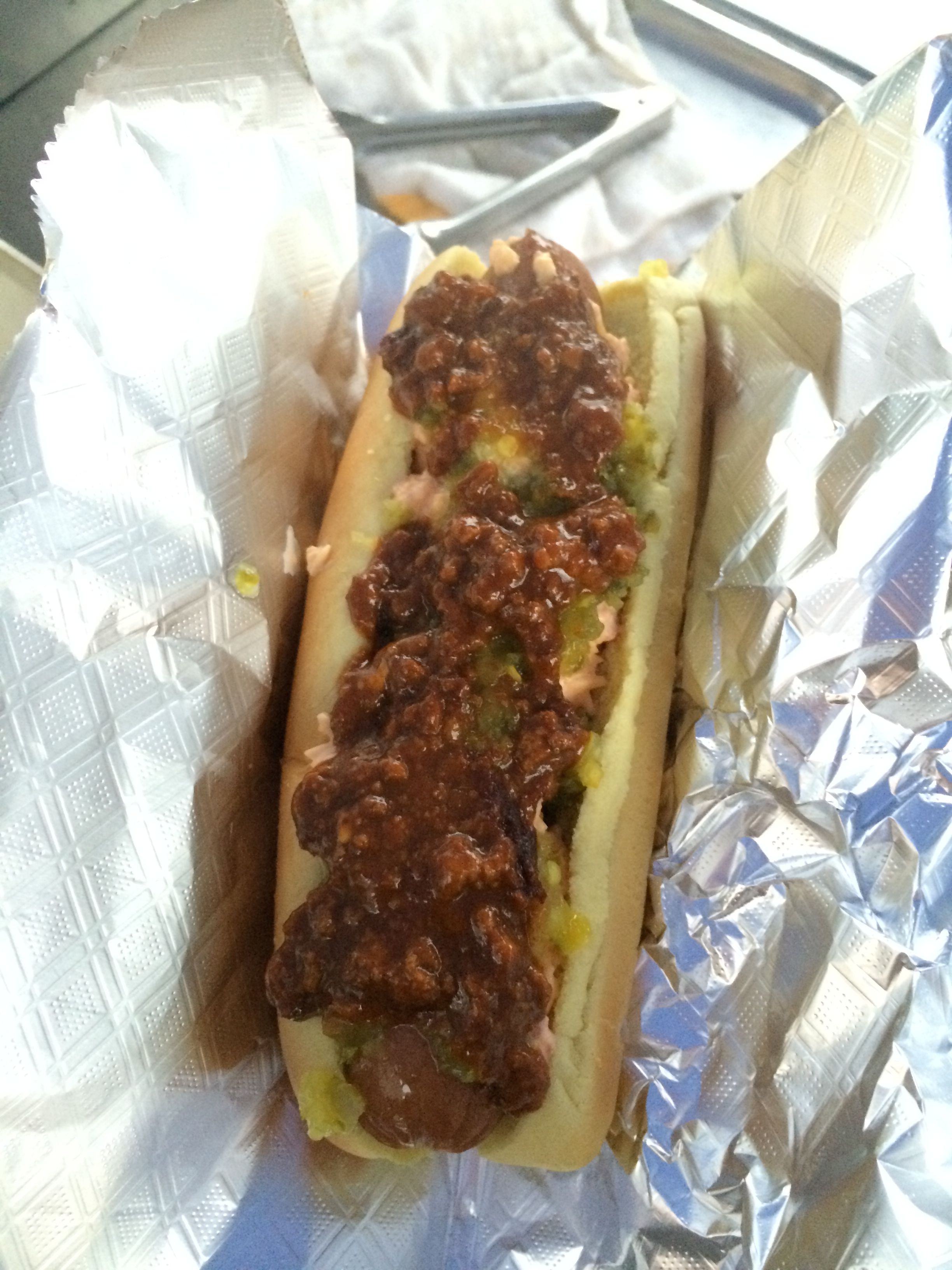 Pimento Cheese, Chili and Jalapeño Relish Hot Dog from Avery's