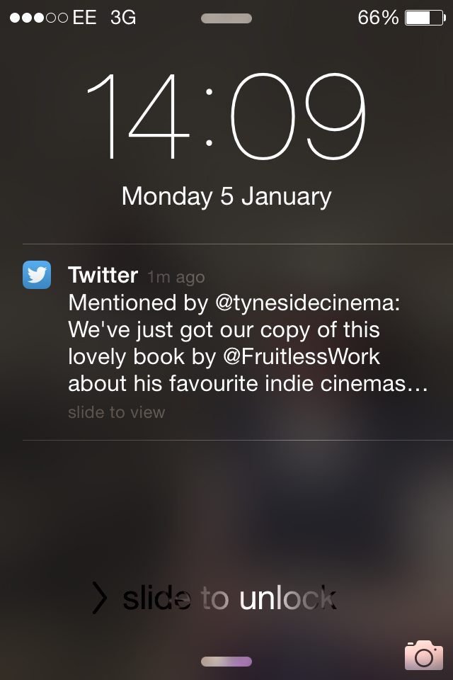 Notification of the Tyneside Cinema tweeting about A Tour of the Indies (photograph by Paul Forrester)