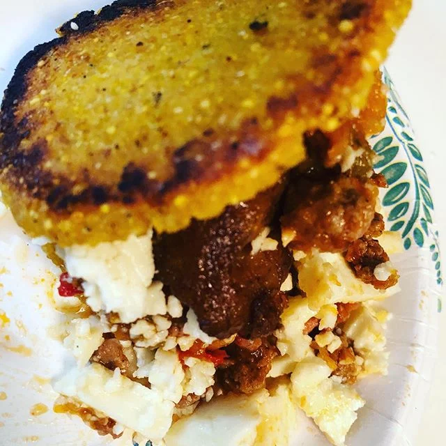 Homemade arepa party with @peggya3 - feeling like it was a good first go in ages: Turkey picadillo, maduros y queso blanco.